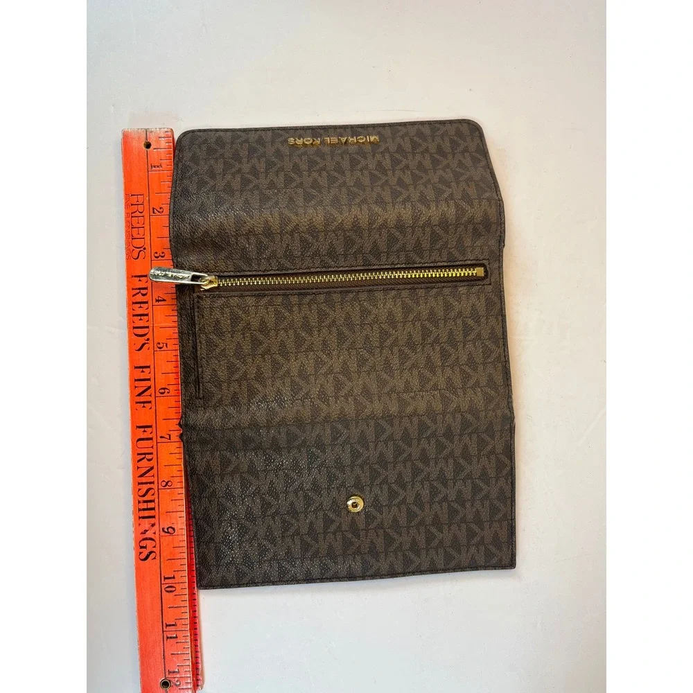 Michael Kors Fulton Flap Continental Wallet Brown Logo Signature Monogram Gold